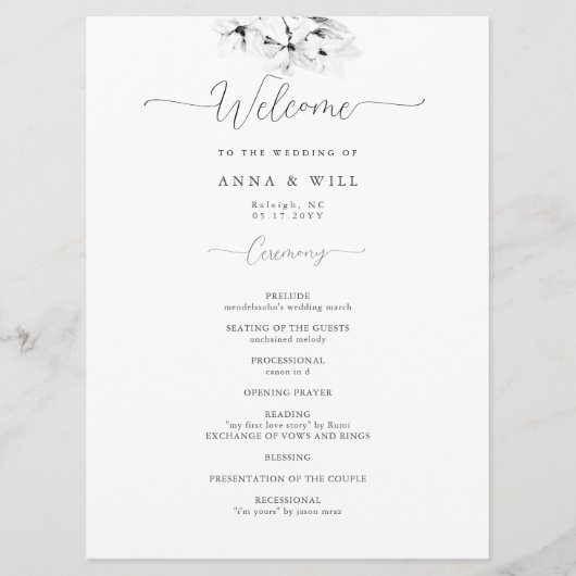 Moderne Magnolia Art Zwart Wit Huwelijksceremonie Programmakaart (Voorkant)