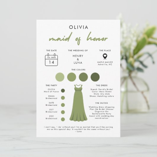 Moderne Maid of Honor Bruids Feest Info Kaart (Staand voorkant)
