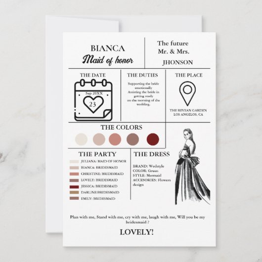 Moderne Maid of Honor info kaart bruids partij kaa (Voorkant)