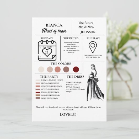 Moderne Maid of Honor info kaart bruids partij kaa (Staand voorkant)