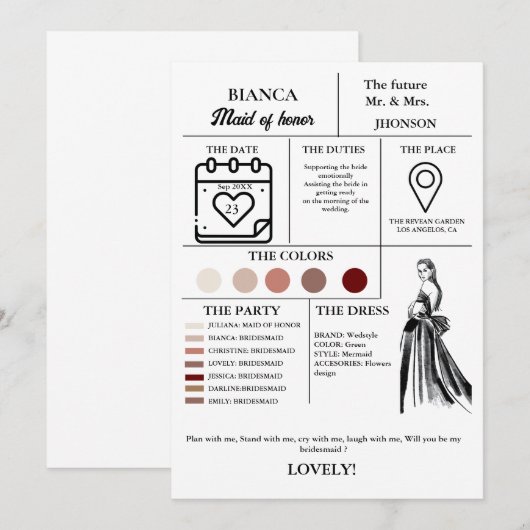 Moderne Maid of Honor info kaart bruids partij kaa (Voorkant / Achterkant)