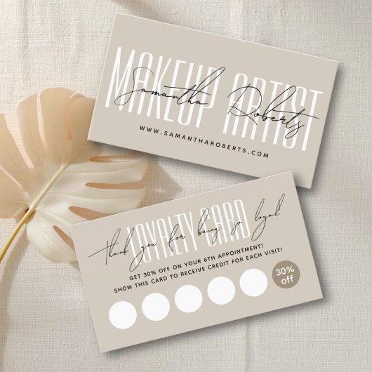 Moderne make-up artiest script typografie beige klantenkaartje