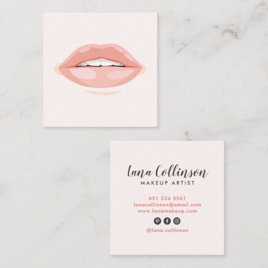 Moderne make-up artist blush roze lippen cosmetolo vierkante visitekaartje (Voorkant / Achterkant)
