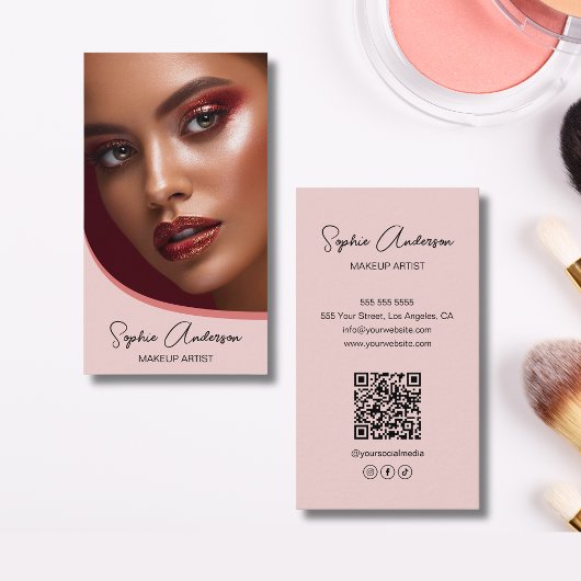 Moderne Make-up Artist Foto QR Roze Visitekaartje