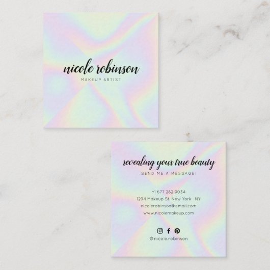 Moderne make-up artist pastel regenboog holografis vierkante visitekaartje (Voorkant / Achterkant)
