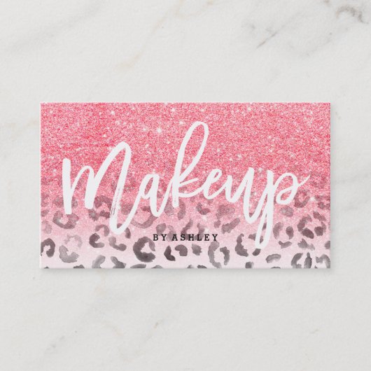 Moderne make-up faux roze glitter leopard waterver visitekaartje (Voorkant)