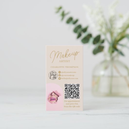 Moderne make-up goud beige logo Qr code 2 foto's Visitekaartje (Staand voorkant)