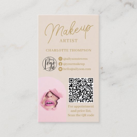 Moderne make-up goud beige logo Qr code 2 foto's Visitekaartje (Voorkant)