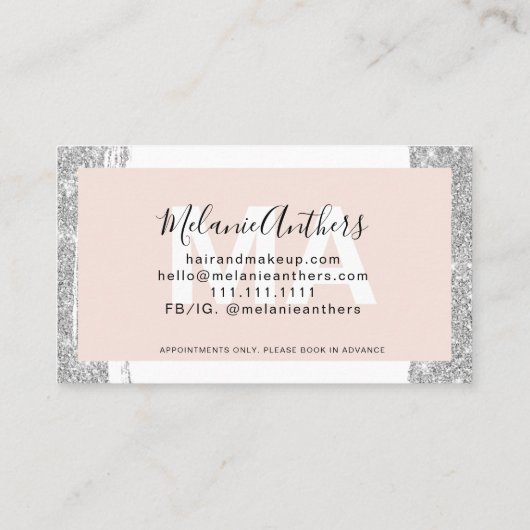 Moderne make-up haar zilveren glitter pink lijst visitekaartje (Achterkant)