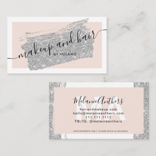 Moderne make-up haar zilveren glitter pink lijst visitekaartje (Voorkant / Achterkant)