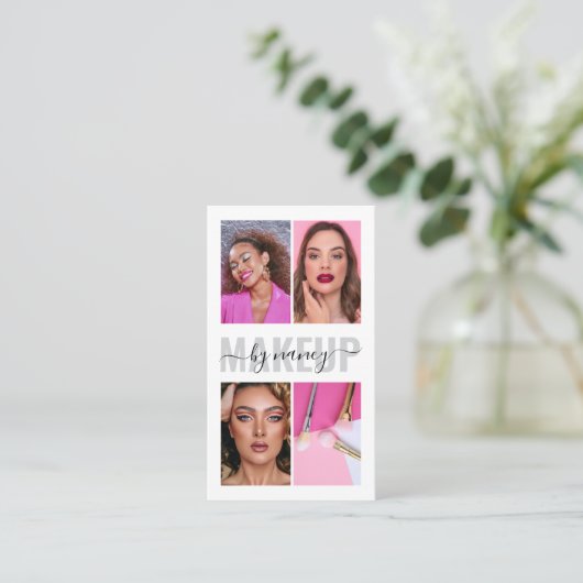 Moderne make-up kalligrafie script fotocollage visitekaartje (Staand voorkant)