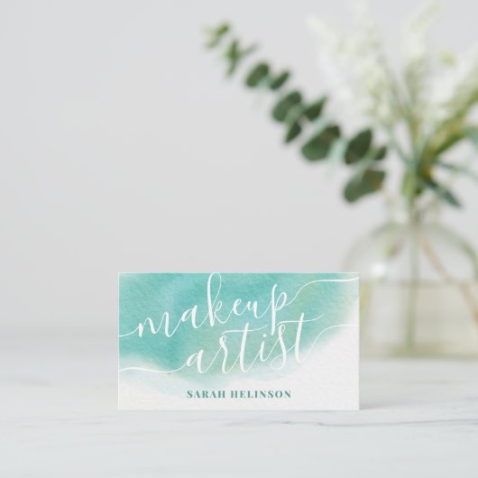 Moderne make-up kunstenaar blauwgroen waterverf ty visitekaartje (Staand voorkant)