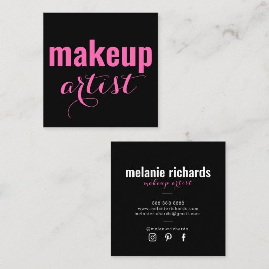 Moderne make-up kunstenaar zwart roze vierkante visitekaartje (Voorkant / Achterkant)