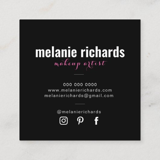 Moderne make-up kunstenaar zwart roze vierkante visitekaartje (Achterkant)