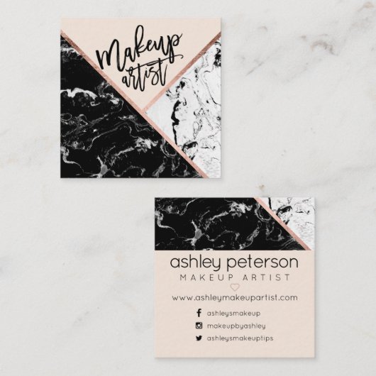 Moderne make-up typografie roos marmer kleurenblok vierkante visitekaartje (Voorkant / Achterkant)