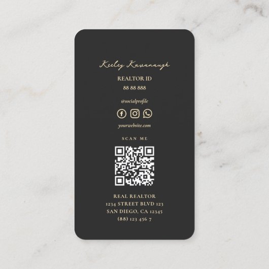 Moderne makelaar in onroerend goed, zwart visitekaartje (Achterkant)