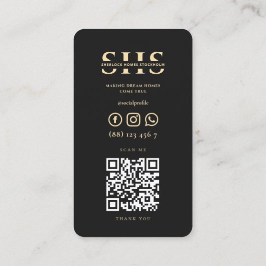 Moderne makelaar onroerend goed monogram zwart gou visitekaartje (Achterkant)
