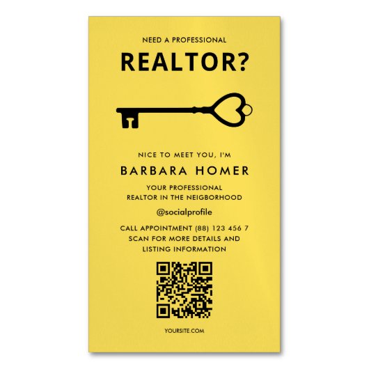Moderne makelaar onroerend goed zwart en geel magnetisch visitekaartje (Voorkant Verticaal)