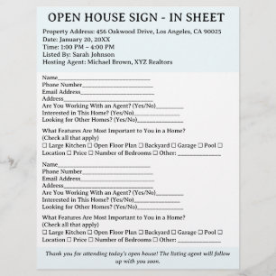 Moderne makelaar Open House Sign In Sheet Flyer