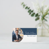 Moderne makelaar rond foto blauw wit visitekaartje (Staand voorkant)