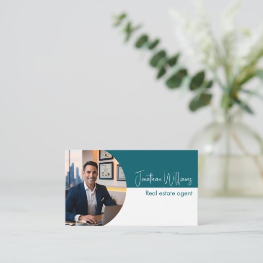 Moderne makelaar ronde foto blauwgroen wit visitekaartje (Staand voorkant)