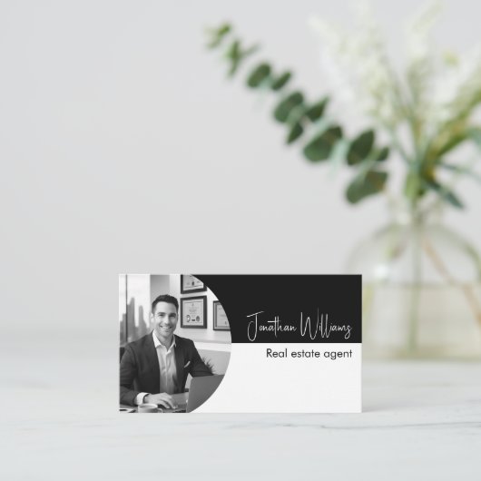 Moderne makelaar ronde foto zwart wit visitekaartje (Staand voorkant)