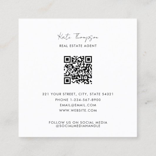 Moderne makelaar strand oceaan fotoscript vierkante visitekaartje (Achterkant)