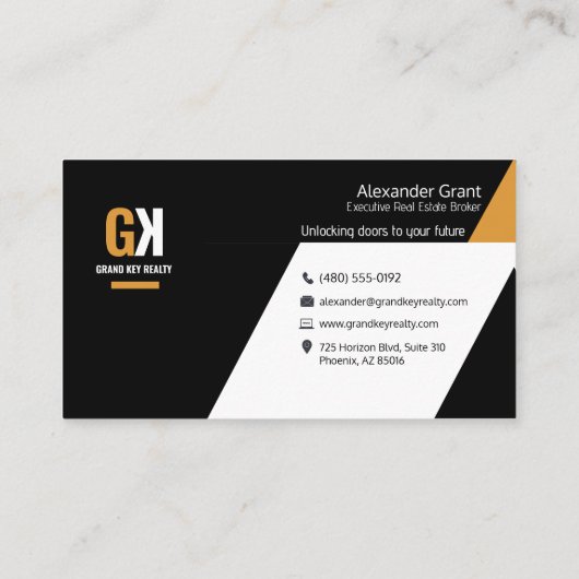 Moderne makelaar – zwart en goud visitekaartje (Achterkant)