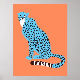 Moderne Malibu Blue Cheetah op zalm Sinaasappel Poster