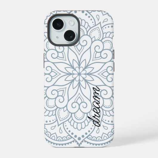 Moderne Mandala Stofblauw Schrift iPhone 15 Case (Achterkant)
