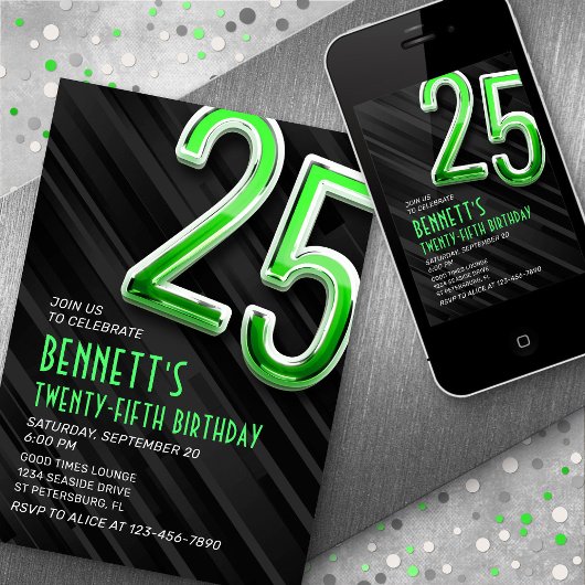 Moderne Mannen 25e verjaardagsuitnodiging Kaart