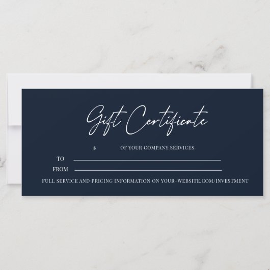 Moderne Manuscript Business Gift Certificate Navy (Achterkant)