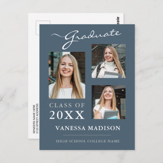 Moderne Manuscript Dusty Blue Afstuderen Aankondig Briefkaart (Voorkant / Achterkant)