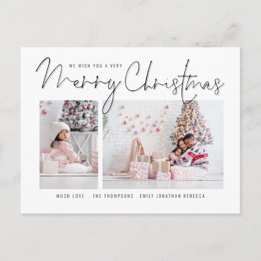 Moderne Manuscript Familie 2 Foto's Zure Kerstmis Feestdagenkaart (Voorkant)