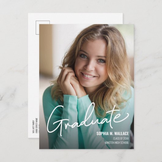Moderne Manuscript Gepersonaliseerd Afstuderen Fot Aankondigingskaart (Voorkant / Achterkant)