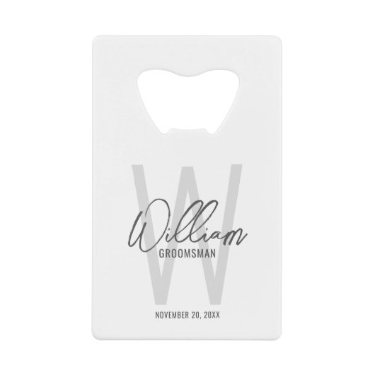 Moderne Manuscript Gepersonaliseerde Naam Groomsma Creditkaart Flessenopener (Voorkant)