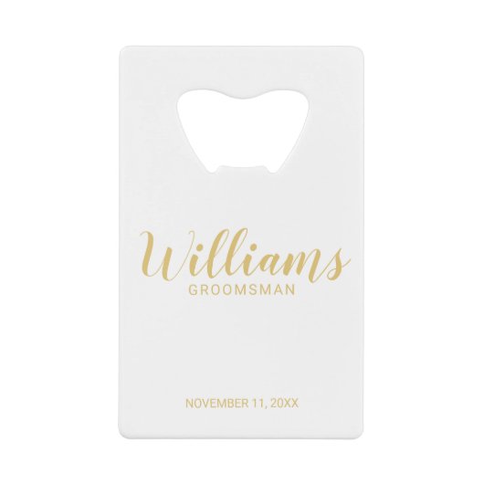 Moderne Manuscript Gold Persoonlijke Groomsmen Creditkaart Flessenopener (Voorkant)