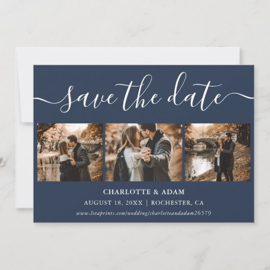 Moderne Manuscript Navy Blue 4 Foto slaat de datum Save The Date (Voorkant)
