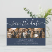 Moderne Manuscript Navy Blue 4 Foto slaat de datum Save The Date (Staand voorkant)