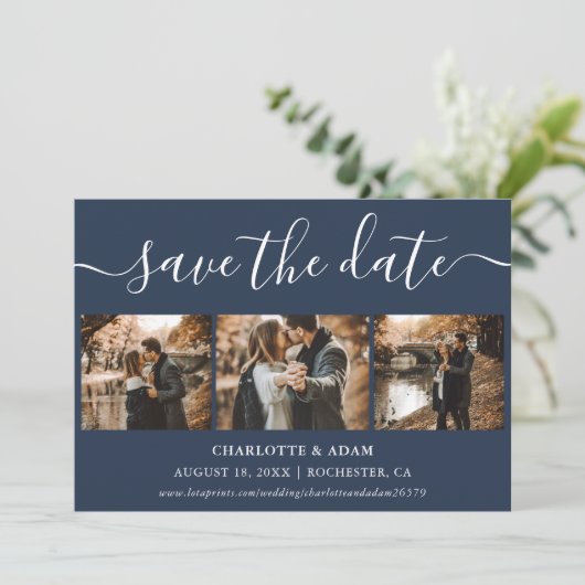 Moderne Manuscript Navy Blue 4 Foto slaat de datum Save The Date (Staand voorkant)
