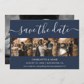 Moderne Manuscript Navy Blue 4 Foto slaat de datum Save The Date (Voorkant / Achterkant)