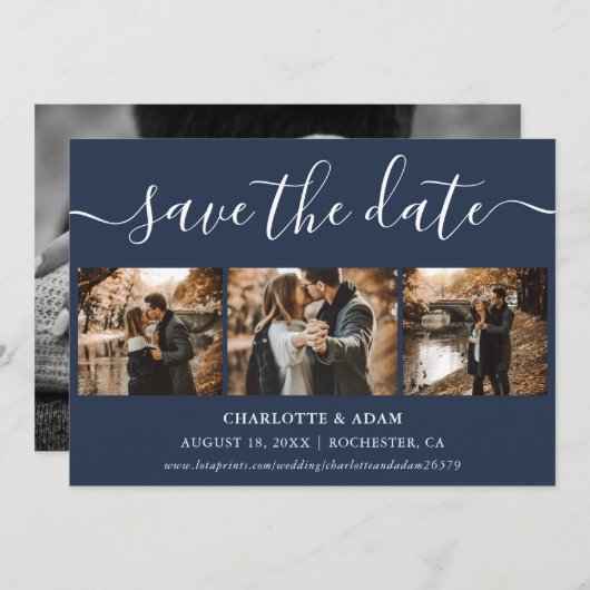 Moderne Manuscript Navy Blue 4 Foto slaat de datum Save The Date (Voorkant / Achterkant)