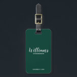 Moderne Manuscript Persoonlijke Groomsmen Bagagelabel<br><div class="desc">Modern Script Gepersonaliseerde Groomsmen Bagagelabel met gepersonaliseerde groomsman's naam in wit modern script lettertype stijl met titel en trouwdatum in modern sans serif lettertype stijl op smaragdgroene achtergrond. Ook perfect voor Maid of Honor,  Bloemenmeisje,  Moeder van de Bruid,  Groomsmen,  Beste man en meer.</div>
