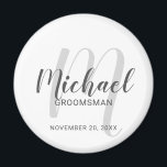 Moderne Manuscript Persoonlijke Groomsmen Magneet<br><div class="desc">Voeg een persoonlijke touch toe aan uw bruiloft met gepersonaliseerde groomsmen magneet. Deze magneet beschikt over gepersonaliseerde groomsmen's naam in grijze moderne script lettertype stijl en monogram in lichtgrijze moderne script lettertype stijl als achtergrond met titel en trouwdatum in grijze moderne sans serif lettertype stijl op witte achtergrond. Ook perfect...</div>