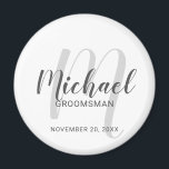 Moderne Manuscript Persoonlijke Groomsmen Magneet<br><div class="desc">Voeg een persoonlijke touch toe aan uw bruiloft met gepersonaliseerde groomsmen magneet. Deze magneet beschikt over gepersonaliseerde groomsmen's naam in grijze moderne script lettertype stijl en monogram in lichtgrijze moderne script lettertype stijl als achtergrond met titel en trouwdatum in grijze moderne sans serif lettertype stijl op witte achtergrond. Ook perfect...</div>