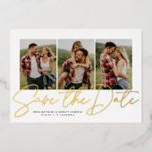 Moderne manuscripttrendy drie foto sparen de datum folie uitnodiging (Voorkant)