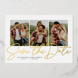 Moderne manuscripttrendy drie foto sparen de datum folie uitnodiging