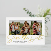 Moderne manuscripttrendy drie foto sparen de datum folie uitnodiging (Staand Voorkant)