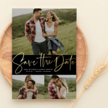 Moderne manuscripttrendy drie foto sparen de datum