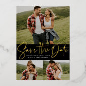 Moderne manuscripttrendy drie foto sparen de datum folie uitnodiging (Voorkant)